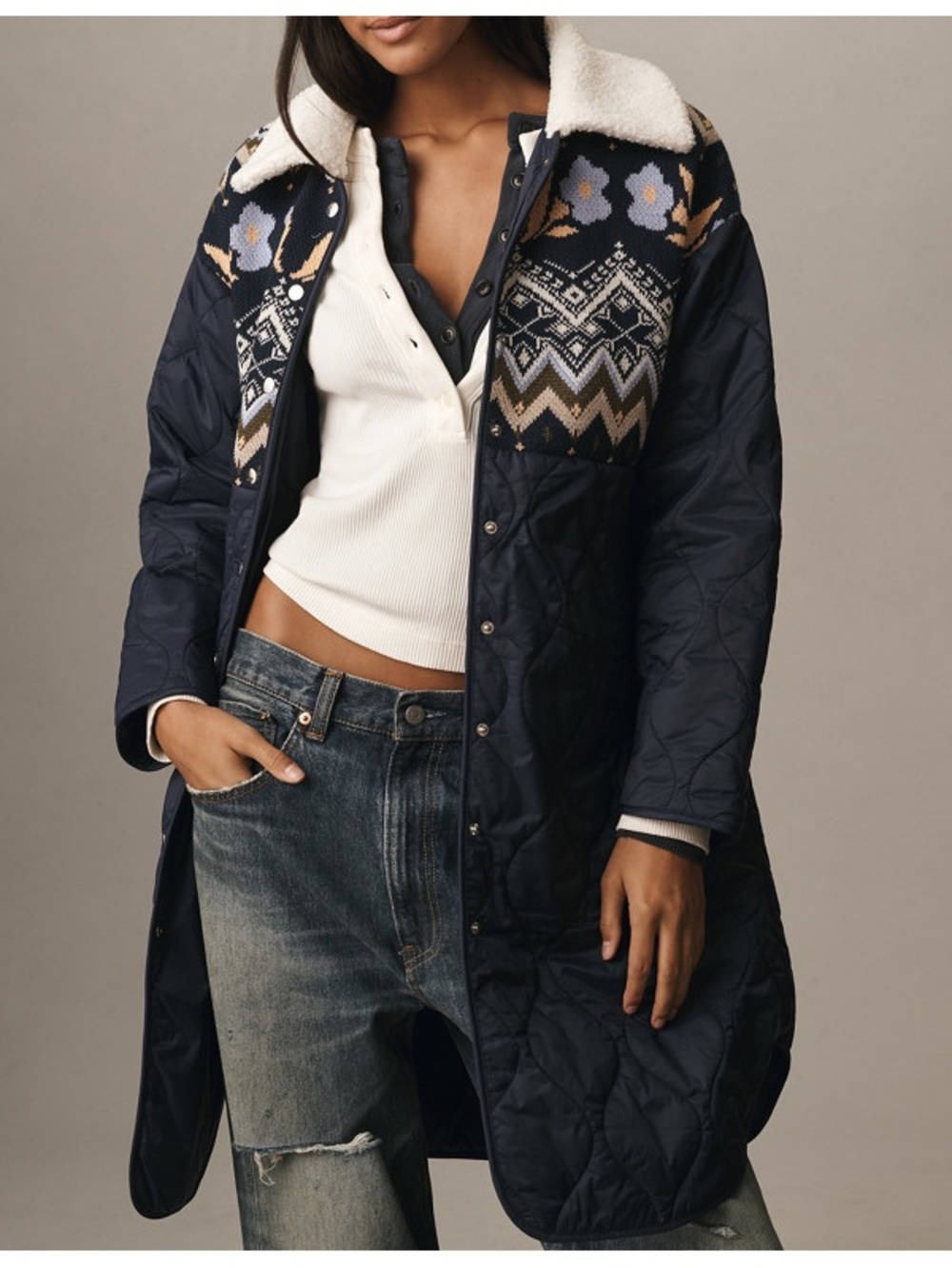 By Anthropologie Fairisle Mix Liner Jacket Navy Quilted Sherpa S $188